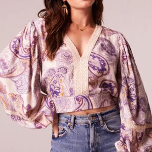 BOG Bohemian Lace V-Neck Balloon Long Sleeve Crop Blouse, Cream Purple Paisley